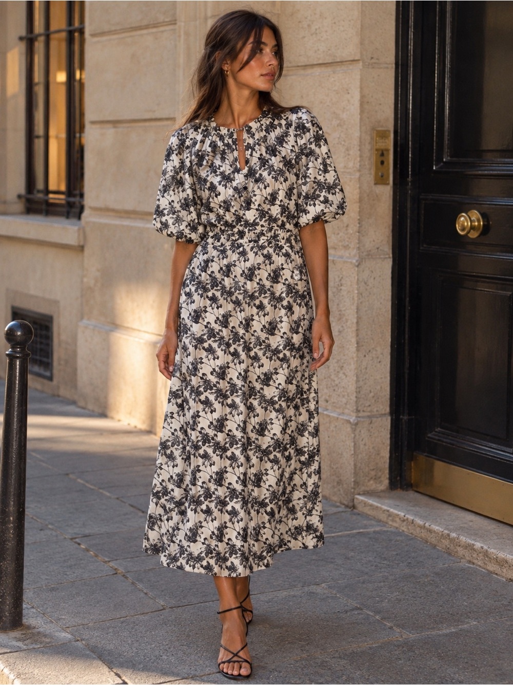 Aureum XS Ivory Black Romantic Floral Puff Sleeve Midi Dress Ruffle Neck NWOT